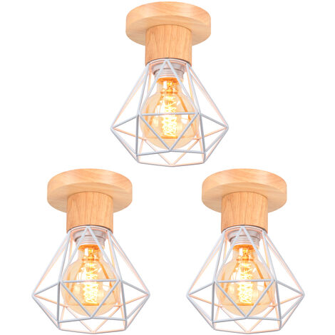 Deckenlampe, Ø16cm Deckenleuchte im Industrial Design, Eisen Diamant Lampe mit Käfig für Wohnzimmer Schlafzimmer Weiß + Holzfarbe 3PCS