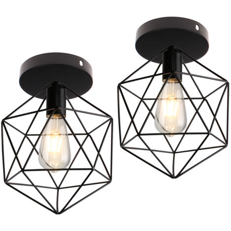 Deckenlampe, 25CM Industrielle Deckenleuchte aus Eisen Käfig Retro E27 Lampe für Schlafzimmer Küche Wohnzimmer Flur - Schwarz (2 Stücke)