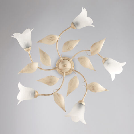 Deckenlampe aus Eisen Elfenbein Gold fünf Lichter Alabaster Weißglas 70x h20 cm