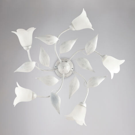 Deckenlampe aus Eisen Silber Weiß fünf Lichter Alabaster Weißglas 70x H20 cm