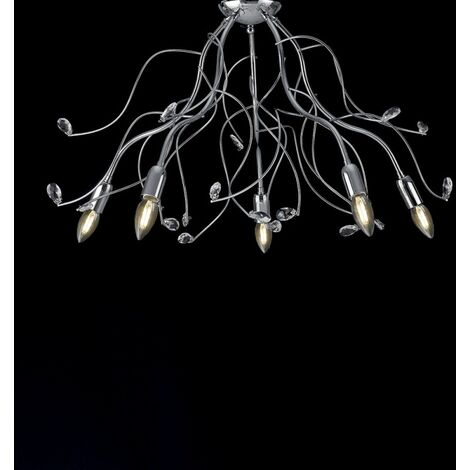 Deckenlampe aus poliertem verchromtem Eisen mit 5 Lichter Kristall Strasssteinen