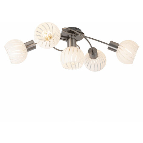 Deckenlampe Deckenleuchte Spotlampe Spotleuchte Wohnzimmerlampe, 5 Flammig Glas weiß klar Metall nickel, E27 Fassungen, LxBxH 69x43x24cm