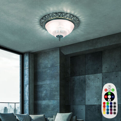 Deckenlampe dimmbar mit Fernbedienung LED Wohnzimmerlampe antik silber Deckenleuchte rund, Retrolampe Perlmutt verschnörkelte Elemente, Metall, 2x E14 Fassungen, DxH 33x17 cm