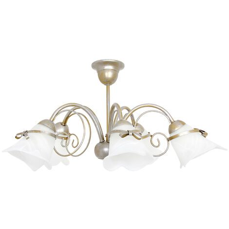 Deckenlampe Gold Weiß Ø 58 cm elegant 5x E14 Metall Glas Deckenleuchte Wohnzimmer Esszimmer
