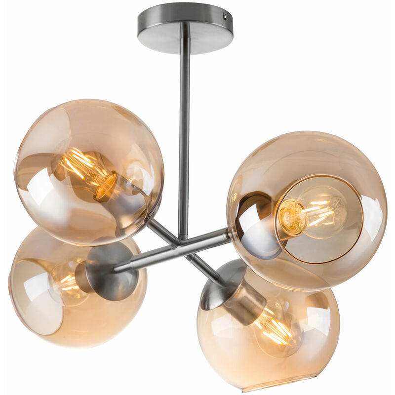 Deckenlampe Kugel Glas Wohnzimmerlampe Design Deckenleuchte Glas 4 flammig, Metall nickel matt amber, 4x E27, LxBxH 64 x 18 x 48 cm