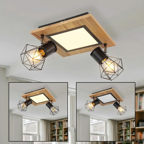 Deckenlampe Wohnzimmerleuchte LED-Platine Metallgitterschirme Spots beweglich Holzoptik, 2 x E27, 12W 1100lm warmweiß, LxBxH 30x30x22,5 cm