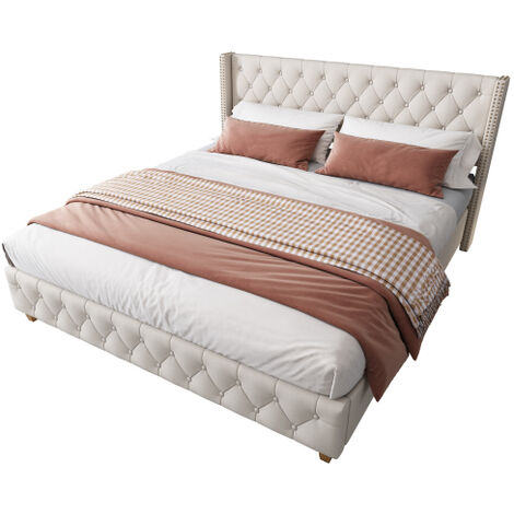 Deckenleuchte 140 x 190 cm mit Lattenrost und Lattenrost, Zierknöpfen, Ziernieten, Holzspänen, Leinen, Beige OKWISH