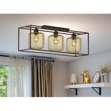 Deckenleuchte 3-flammig mit Lamellen Lampenschirmen Gold, Breite 83cm