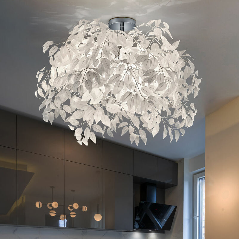 Etc-shop - Deckenleuchte Blätter Beleuchtung Wohnzimmer Deckenlampe im Blüten Design, Chrom weiß, rund, 3x E14, DxH 70x73 cm