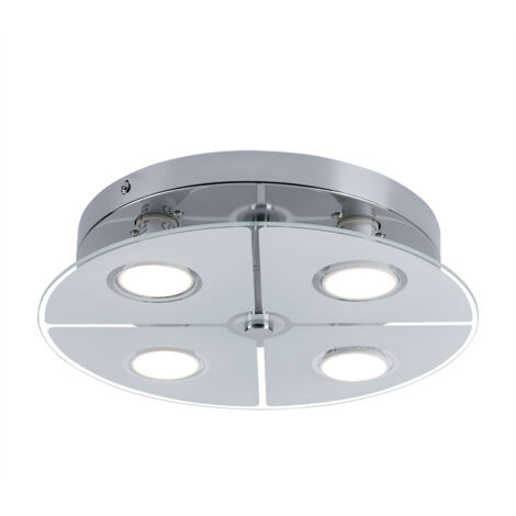 Deckenleuchte Chrom LED Deckenlampe Wohnzimmer, Glas satiniert, 4x 3W 250lm 3000K, DxH 30x7,5 cm