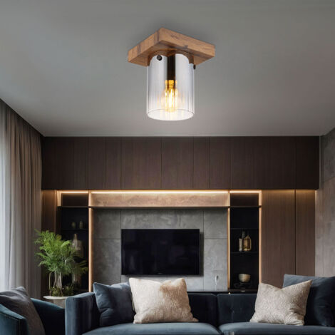 Deckenleuchte Deckenlampe Wohnzimmerlampe Holzoptik Glas Rauchfarbe 1-Flammig