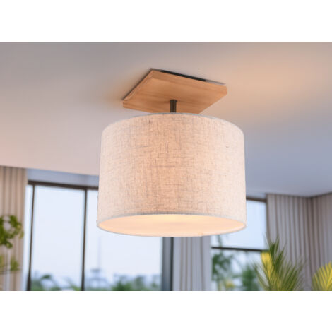 Deckenleuchte ELMAU mit Stoffschirm in Beige und Naturholz Sockel, Ø 36cm