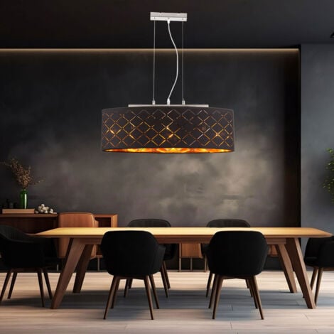 ETC-SHOP Deckenleuchte hängend schwarz gold Esszimmerlampe Hängelampe Esstisch, 3 Flammig orientalisch, Metall Textil, 3x LED 7W 806Lm 2700K, LxBxH 65x25x140 cm