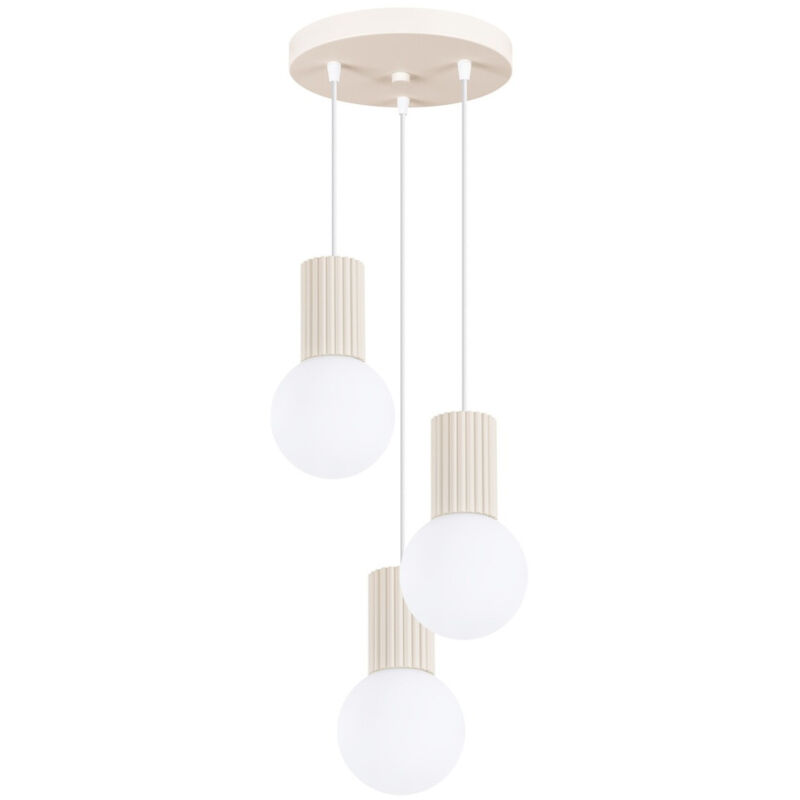 Moderne Runde Dreifach-pendelleuchte, Beige, Geriffelt, Glas, Weiße Kugeln, Für Wohnzimmer, Esszimmer, Über Dem Tisch, 3xg9 8w, Halo Sollux