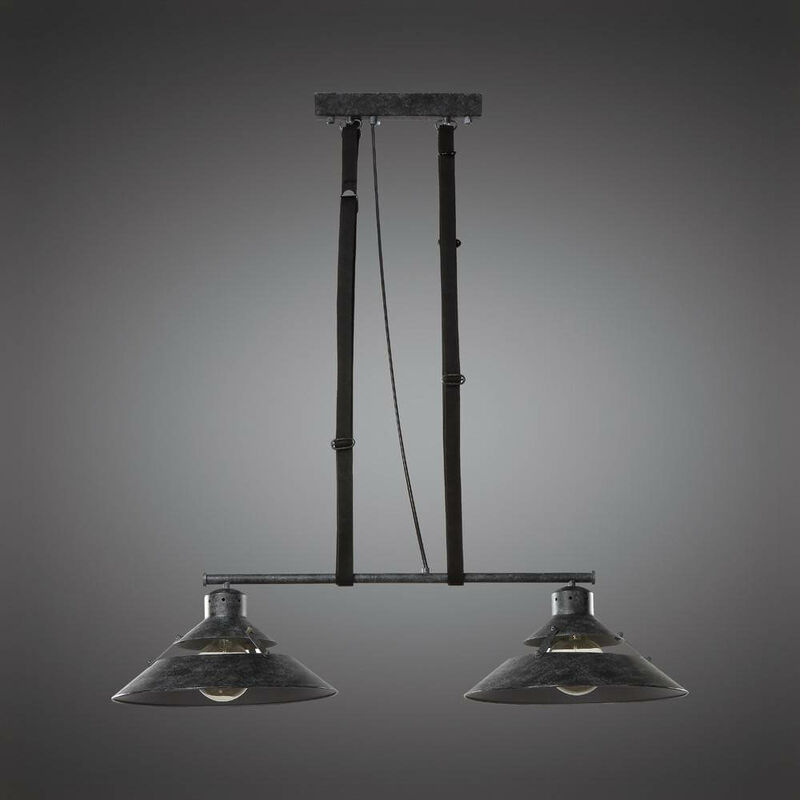 09-diyas - Deckenleuchte Industrial 2 Lampen 2x40W E27, oxidiertes Metall, schwarzer Gürtel