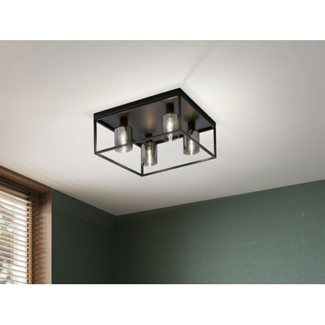 Deckenleuchte ISKA 4-flammig Schwarz mit Rauchglas, Quadrat 45cm