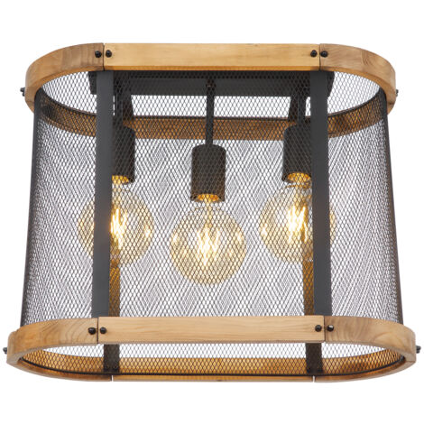 Deckenleuchte JEANIE mit Holz & Gitter Schwarz 3-flammig, Breite 45cm