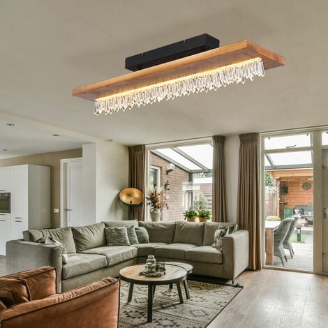 Deckenleuchte Kristall modern Deckenlampe Holz LED Holzleuchte Esszimmer, Kristalldekor, Holzoptik, Metall schwarz klar opal, 1x LED 25W 1546Lm 3000K, HxLxB 19,5x80x20 cm