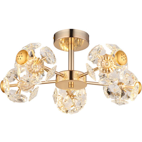 Deckenleuchte LED Deckenlampe Wohnzimmerlampe Metall Gold Glaskristalle 50 cm