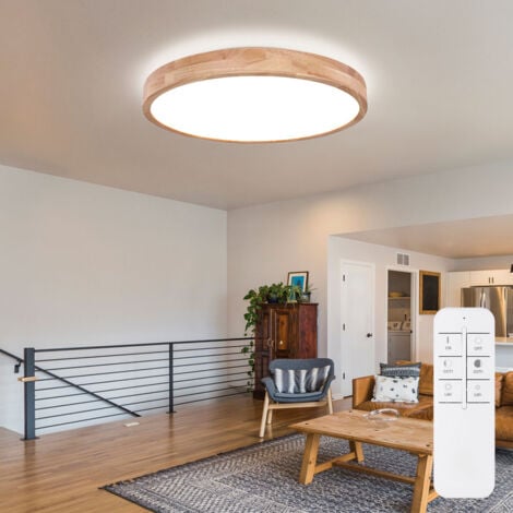 GLOBO Deckenleuchte LED Holz Optik Deckenlampe dimmbar Fernbedienung Wohnzimmerleuchte 60 cm, CCT Schaltung, 48 W 3100 lm 3000-6000K, H 10,5 cm