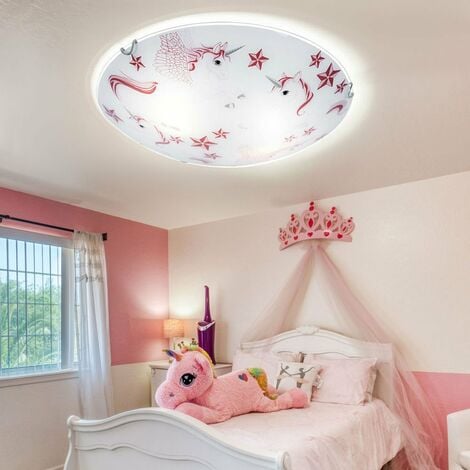 Deckenleuchte LED Kinderleuchte Deckenlampe Mädchen Kinderzimmer rund, Glas Einhorn Sterne weiß rosa, 16W 960lm warmweiß, D 30 cm