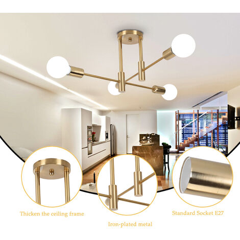 Deckenleuchte Metall E27 Deckenleuchte Moderne Industrielle, Kronleuchter 4 Edison Fassungen, Aufhängung Innenbeleuchtung für Wohnzimmer, Schlafzimmer, Café, Kupfer