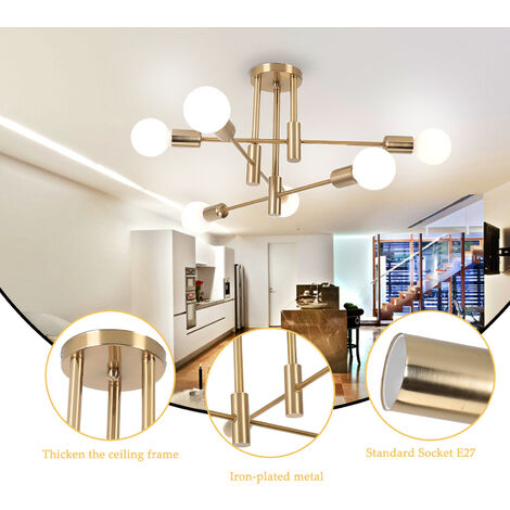 Deckenleuchte Metall E27 Deckenleuchte Moderne Industrielle, Kronleuchter 6 Edison Fassungen, Aufhängung Innenbeleuchtung für Wohnzimmer, Schlafzimmer, Café, Kupfer