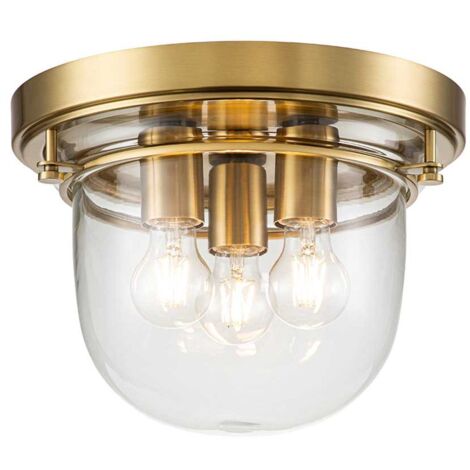 Deckenleuchte Metall Glas E27 IP44 rund D: 33 cm in Messing gebürstet 3-flammig Jugendstil