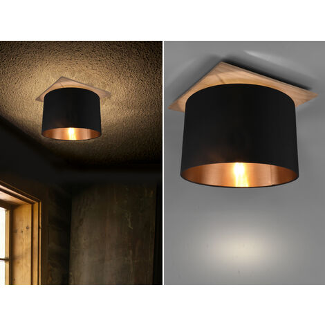 Deckenleuchte mit Stoff Lampenschirm in Schwarz/Gold und Holz Sockel, Ø 40cm