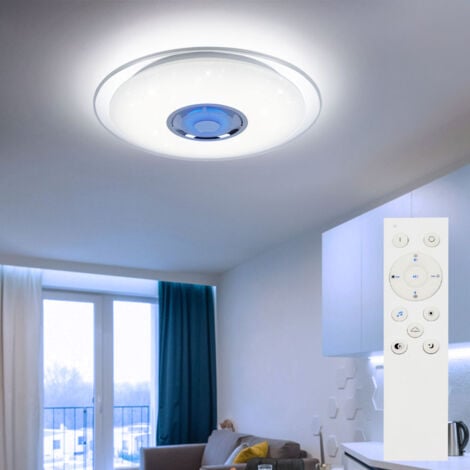 Deckenleuchte RGB LED Fernbedienung Musik Deckenlampe LED Lautsprecher Leuchte Tageslicht mit Bluetooth , Metall Chrom, Sternen-Effekt, 1x 24W 1600lm, DxH 47,5x5,7 cm