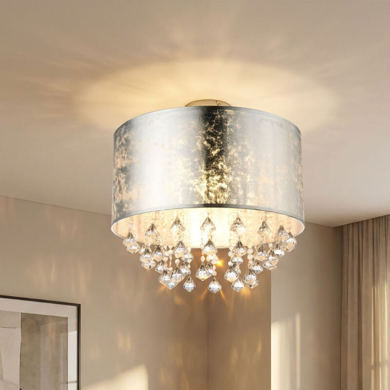 Globo - Plafonnier argent lampe de salon plafonnier salle à manger, textile en optique feuille d'argent avec cristaux, 1x E27, DxH 40 x 38 cm