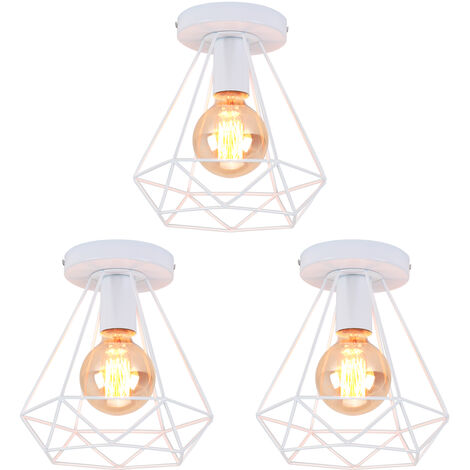 Deckenleuchte Vintage Industri Diamant Deckenlampe mit Ø20cm Käfig Semi-Flush Mount Eisen Licht E27 Lampenfassung für Esszimmer Schlafzimmer Loft Bar Café Weiß 3PCS