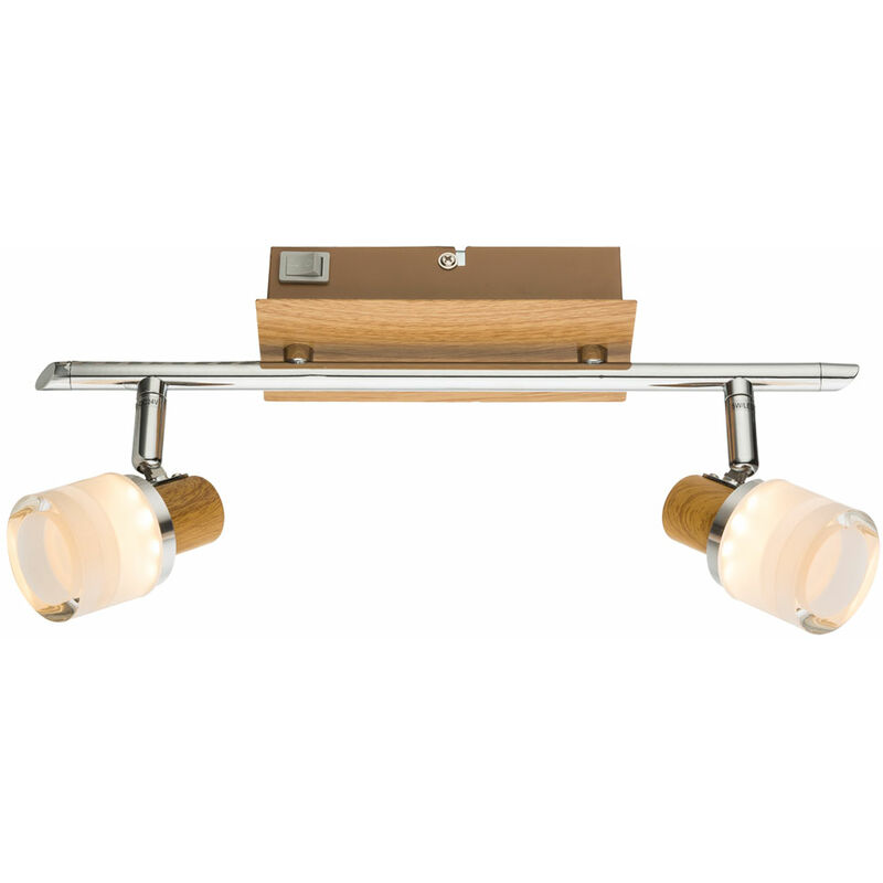 Deckenstrahler 2 Flammig Holz schwenkbare Deckenleuchte Wandlampe Strahler LED, aus Chrom Schalter, 2x LED 5W 380Lm warmweiß, L 35 cm