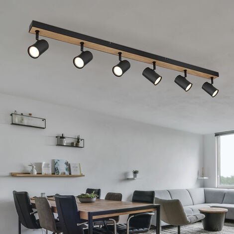Deckenstrahler schwarz Spot Deckenleuchte Spotleiste 6 flammig, MDF Holzoptik skandinavisch, 6x GU10 Fassungen, LxBxH 115x6x13,5cm