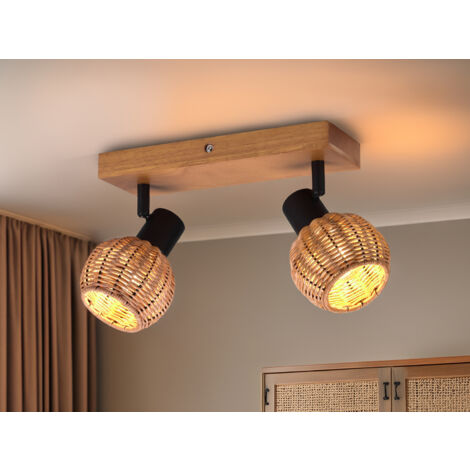 Deckenstrahler TAVAR 2-flammig Holz mit Rattan Schirmen, Breite 30cm