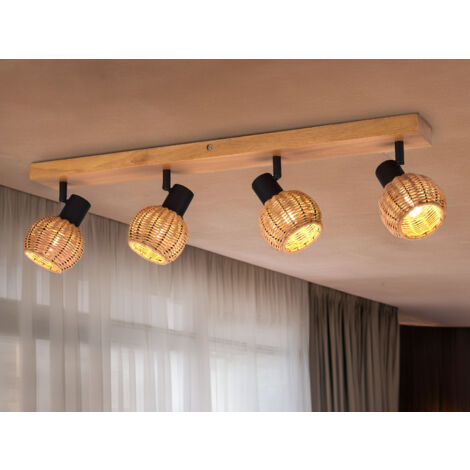 Deckenstrahler TAVAR 4-flammig Holz mit Rattan Schirmen, Breite 70cm