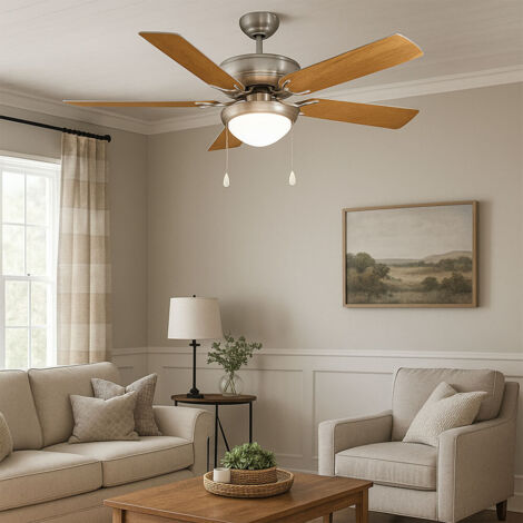 Deckenventilator Zugschalter Ventilator Vor und Rücklauf Lüfter Deckenleuchte, Holz silber eichefarben, 2x E27 Fassungen, DxH 132x44 cm