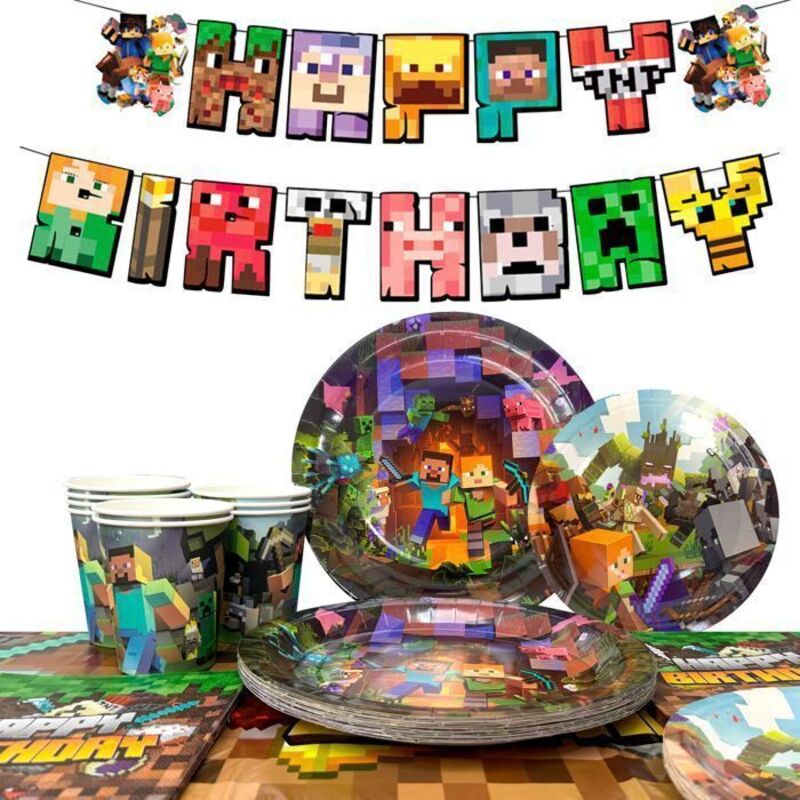 Décoration d'anniversaire - INBOXXARTY - Kit Vaisselle Minecraft - 66 pièces - Multicolore - Enfant