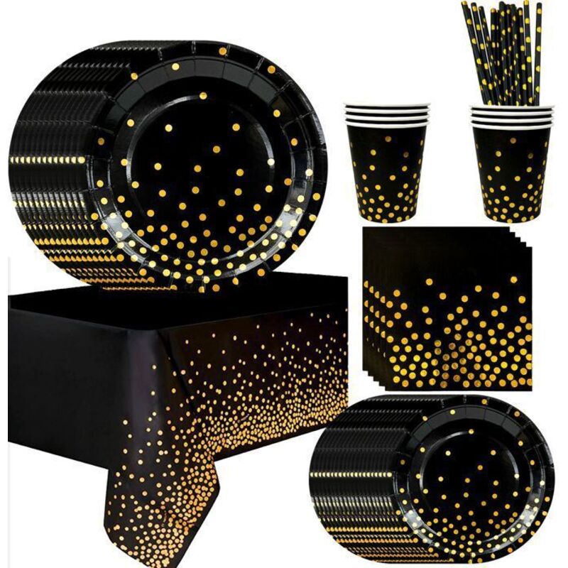 Deco Anniversaire Vaisselle kit Noire Or 121pcs, Vaisselle de Féte Noire Or Decoration Anniversaire Noir Or Décoration de Fête