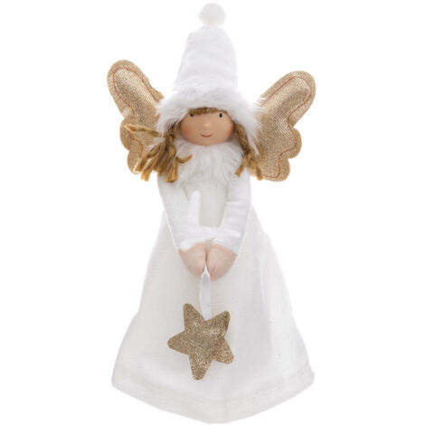 Déco de Noël Ange blanc et doré avec ailes lumineuses à LED H 28 cm - Feeric Christmas