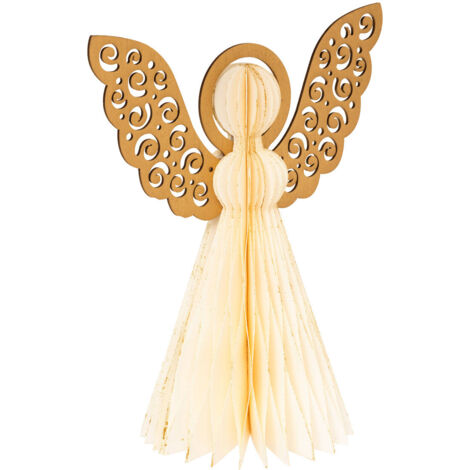 Déco de Noël Ange en bois et papier plié écru avec liseré doré H 25 cm - Feeric Christmas