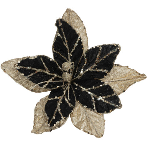 Déco de Noël Fleur de Poinsettia velours Noir et Or pailleté 25 x 25 cm - Feeric Christmas