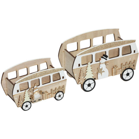 Déco de Noël Lot de 2 Cagettes forme Bus en Bois doré et blanc - Feeric Christmas