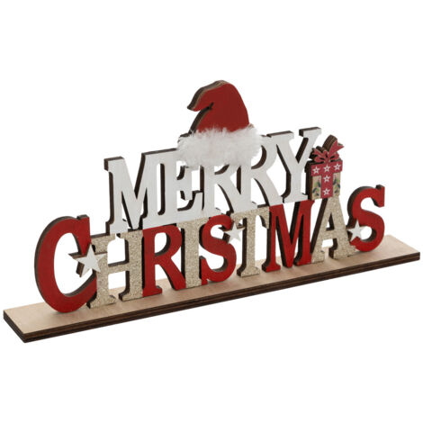 Déco de Noël Mot Merry Christmas en Bois avec Bonnet Rouge L 30 cm - Feeric Christmas