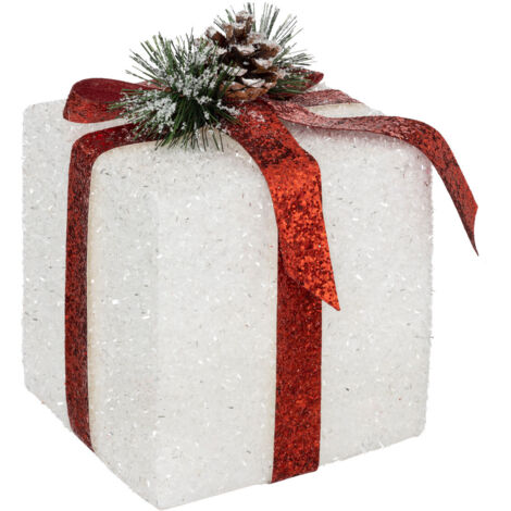 Déco de Noël Paquet Cadeau Blanc et Rouge 15 x 15 x 20 cm - Feeric Christmas