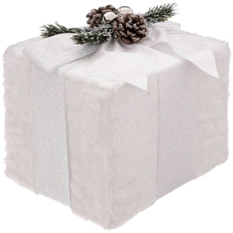 Déco de Noël Paquet Cadeau fourrure blanche et ruban pailleté 20 x 25 cm - Feeric Christmas