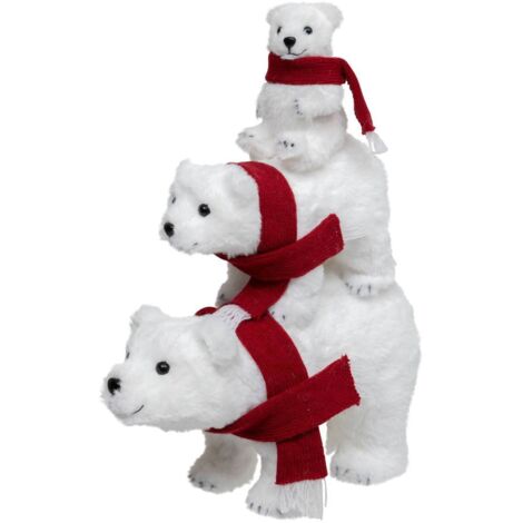 Déco de Noël Pyramide 3 Ours Blanc pailleté avec écharpe Rouge L 36 x H 43 cm - Feeric Christmas
