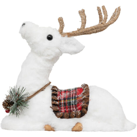 Déco de Noël Renne Blanc avec Selle à carreaux Rouge et Vert 28 x 12 x H 28 cm - Feeric Christmas