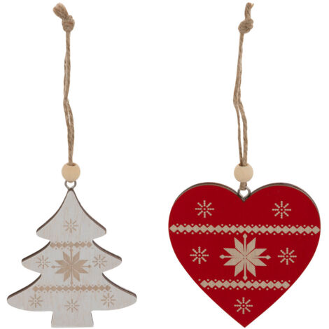 Déco de sapin Lot de 2 formes Coeur rouge et Sapin beige - Feeric Christmas