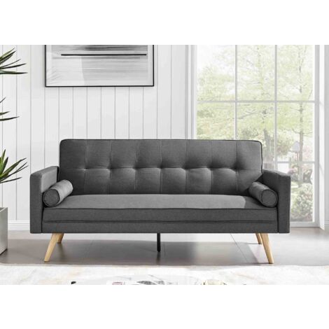 Deco In Paris – Banquette clic clac 3 places en tissu gris foncé – Couchage 168x106 cm – Design scandinave – Inclus 2 coussins